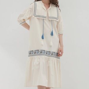 Fabrique Midi Dress with Blue Embroidered Trim and Tassels, size small. NWTs.